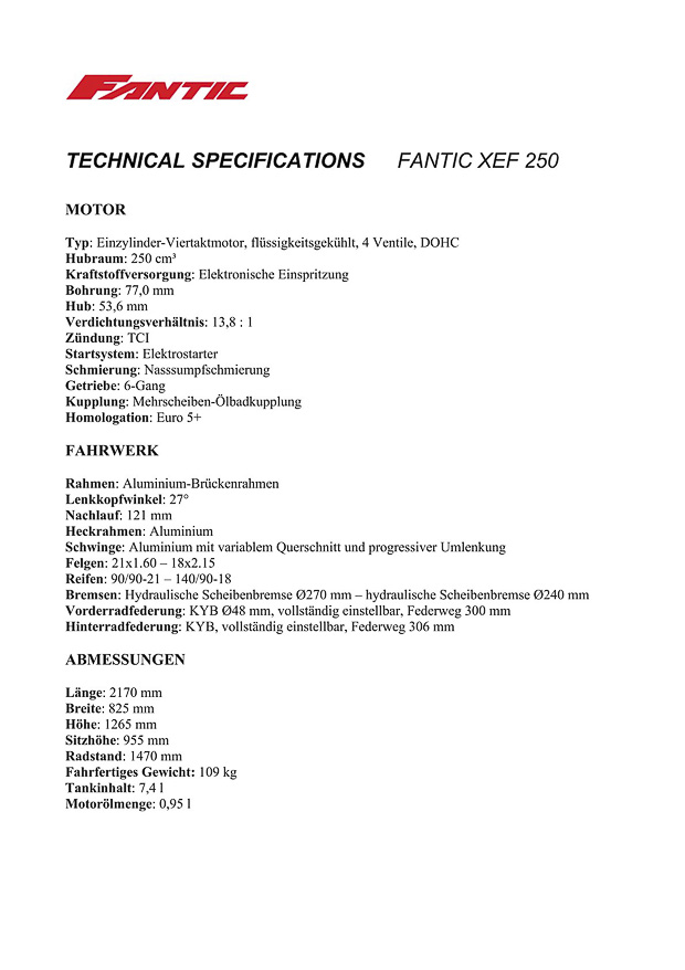 tech specs fantic xef 250 de 34