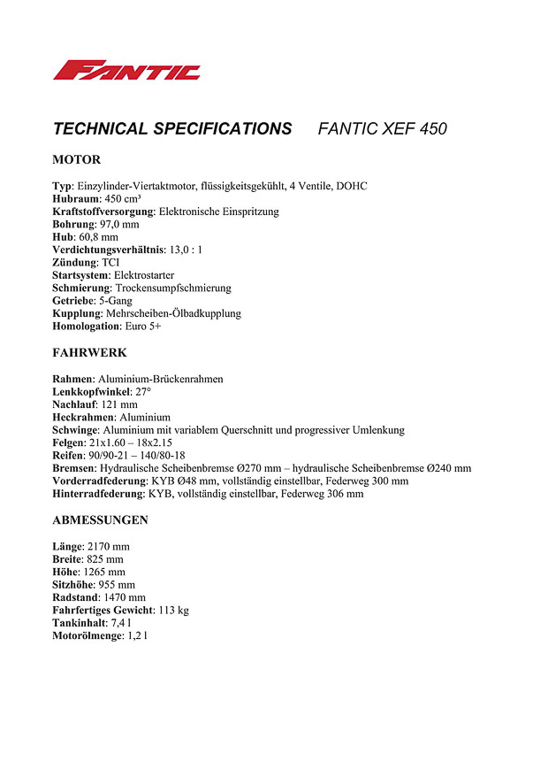 tech specs fantic xef 450 de 31